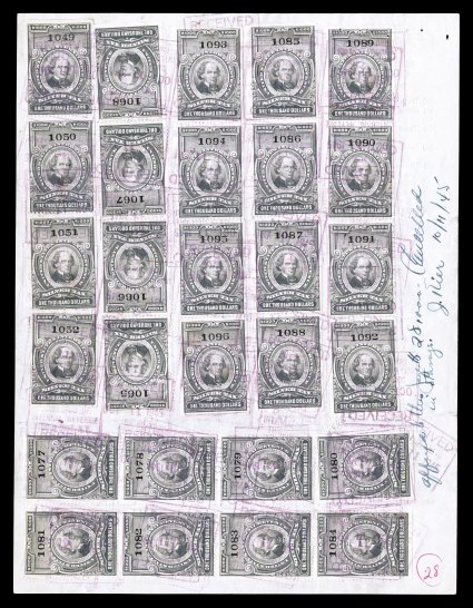 RG132, $1,000.00 Gray Silver Tax, seven complete strips of four, tied to the back of a 1945 document by purple boxed handstamps, two stamps also with embossed seal, the
document is Treasury Dept. form 2, transferring 453,137.38 ounces of silver,