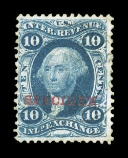 R36S-H, 10c Inland Exchange with red Specimen overprint, especially rich color, there is a light handstamped cancellation at right, fine.