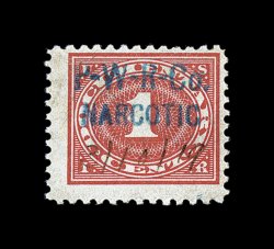 RJA28, 1c Carmine with P-W-R-Co.NARCOTIC handstamp in blue, bright oclor, light 1919 ms. cancel, faint trace of a crease, otherwise fine and scarce.