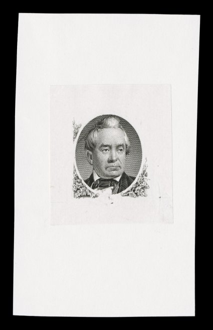 Silas Wright die essay in black on India, 29x33mm mounted on 42x71mm card, very fine this design was used for the Customs Fee stamps, undoubtedly scarce if not
unique.