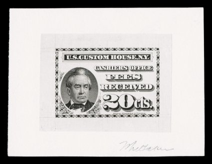 RL1E, 20c Customs House, die essay in black on India, 55x41mm mounted on 81x62mm card, with light pencil signature at bottom of card, similar to the issue design except no
background (like Turner CF-1 but in the 20c value), exceptionally fresh,