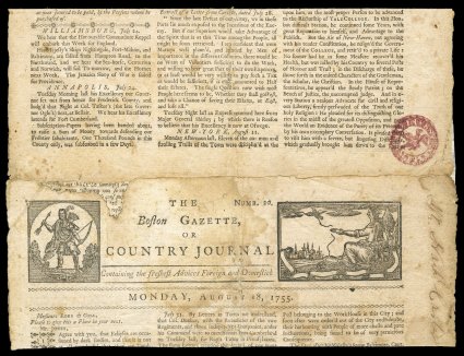 RM1, 12p Massachusetts red handstamp, die with beak of bird pointing to first N of PENNY, solid strike in an especially dark red shade on August 18, 1755 Boston Gazette or
Country Journal, tiny tear affects the stamp, fine.