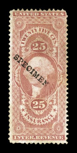 R46S-H, 25c Insurance with Specimen overprint, the overprint struck diagonally as usual, light horizontal crease and faint bit of soiling at top, otherwise
fine.
