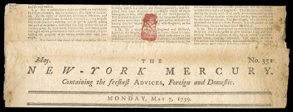 RM9, 12p New York red handstamp, crisp bright strike on May 7, 1759 New York Mercury newspaper, light file fold just barely affects the stamp, still very fine.