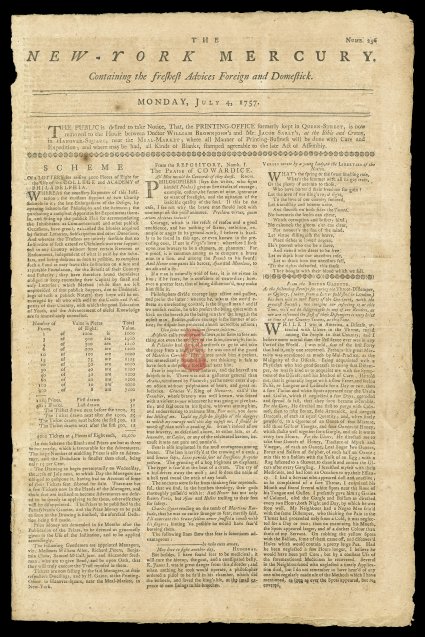 RM9, 12p New York red handstamp, clear strike on July 4, 1757 New York Mercury complete four page newspaper, fine an impressive usage of this rare colonial
revenue.