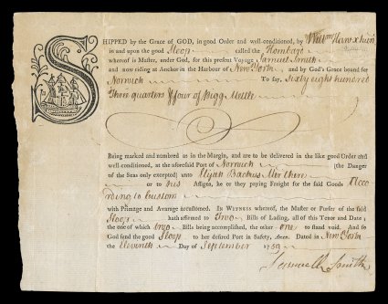 RM10, 1p New York embossed, struck on top right corner of 1759 ships bill of lading with illustration at top left, paper just slightly aged, fine.