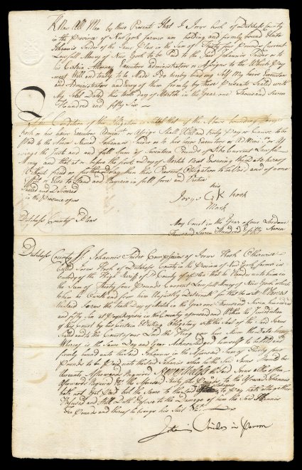 RM11, 2p New York embossed, clear strike at the top left of 1757 declaration and bond, filed in the court of common pleas, Dutchess County, New York, fine.