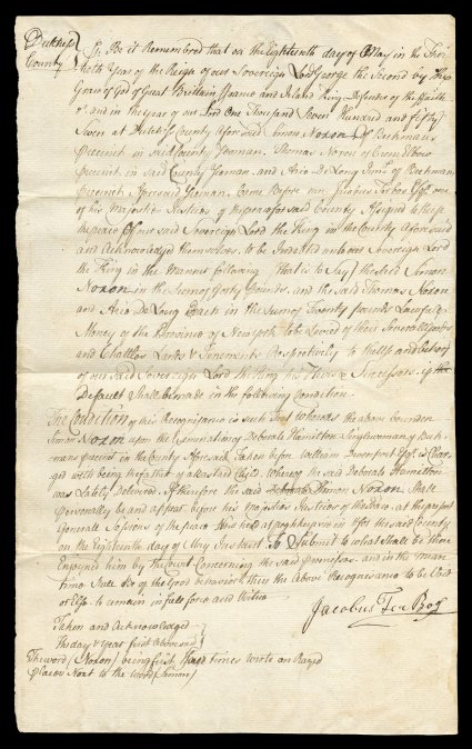 RM12, 3p New York embossed, two strikes 1757 documented noted as Recognizance in Bastardy on reverse, clearly struck stamps, fine-very fine.