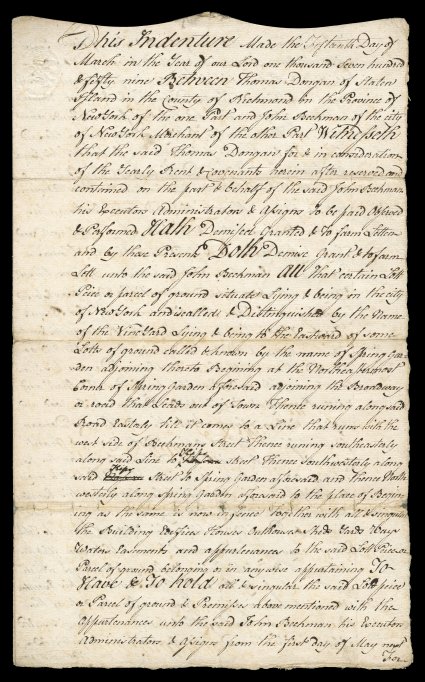 RM13, 4p New York embossed, clean strike on 1759 farm lease for The Vineyard farm in Manhattan owned by John Beekman to Thomas Dongan of Staten Island, it provided for a twenty
year lease at the annual rent of fourteen pounds, fine.