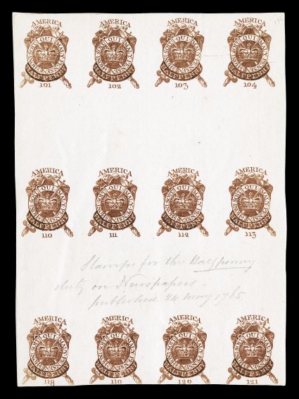 RM15P, 2c New York red proof on thick laid paper, block of twelve containing dies 101-104110-113118-121, pencil notations between second and third rows, fine-very fine an
enormously rare proof in such a large multiple.