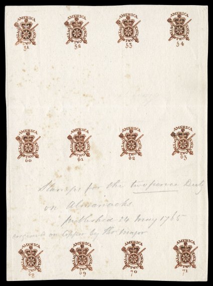 RM15P, 2c Red proof on thick laid paper, another similar block of twelve containing dies 51-5460-6368-71, again with pencil notations between second and third rows, light age
spots, otherwise fine-very fine ex-Joyce.