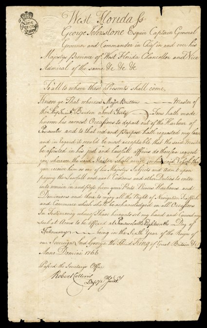 RM25, 4p General issue embossed, sharply struck on top left of a February 18, 1766 ships clearance document out of West Florida, headlined George Johnstone, who was the British
Colonial governor of West Florida, handstamped Nine Pence and C