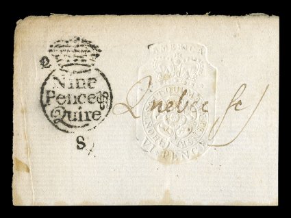 RM26, 6p General issue embossed, well struck on 70x50mm piece, with 9p Crown handstamp at left, Quebec ms. cancel, a few trivial age spots, fine a scarce embossed stamp, the
full document cataloging $3,000.00.