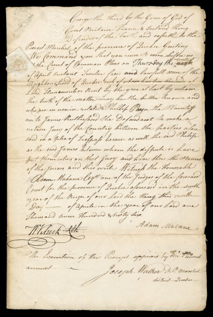 RM27, 1- General issue embossed, very well struck at top left of 1766 court summons from Quebec, with lightly stuck Nine Pence and Crown handstamp, a very fine strike of this
elusive revenue.