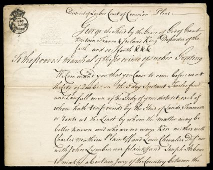 RM27, 1- General issue embossed, sharp detailed strike on 1766 document from Quebec, with Nine Pence and Crown handstamp at left, light bend affects the embossed stamp,
document with some splitting, fine.