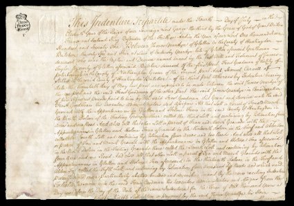 RM27 var., 1- General issue embossed, overstruck with 16 for use as a British revenue on large 1771 Indenture document, with Three Pence and Crown handstamp struck to left of
embossed stamp, the document has some faults that do not affect the