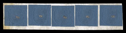 RM31a, 26 General issue embossed, five examples on a strip of thick paper, each with a small label of the British Royal Cypher with a different number, very
fine.