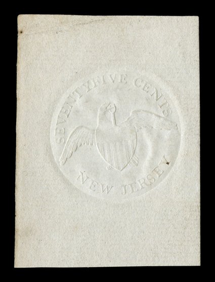 RM142, 75c New Jersey embossed, well struck on 39x53mm cut square, insignificant crease at top left, otherwise quite fresh and very fine only a tiny number of the 75c New
Jersey dies are known listed but not priced in Scott.