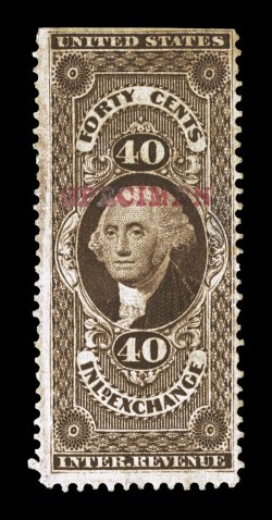 R53S-H, 40c Inland Exchange with red Specimen overprint, deep intense color and impression, s.e. at top, thin spot at right, fine appearance.