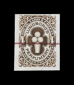 RT32b, Young, Ladd & Coffin, 4c Brown, silk paper, imperforate, a wonderfully choice example of one of the rarest Private Die Proprietary Stamps, featuring three exceedingly
large margins, fourth at top quite ample, rich luxuriant color and a we