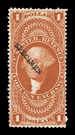 R68S-H, $1.00 Foreign Exchange with Specimen overprint, overprint stuck diagonally as usual on these tall stamps, deep rich color, light horizontal bend, a few short perfs. at
top, fine.