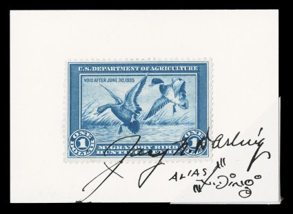 RW1-9, 1934-42 Hunting Permits signed by the artists, each is on a separate 87x63mm white card, with the stamp tied to the card by the artists signature, many of these are
quite rare as some of the early artists would only sign for individual