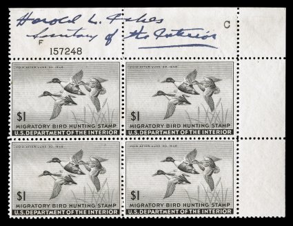 RW12, 1945 $1.00 Black, top right corner margin plate no. F157248 block of four, signed in the top margin by Harold L. Ickes, Secretary of the Interior, stamps are well
centered, o.g., n.h. a couple faint toned spots on back, very fine.