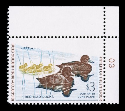 Hunting Permit oddity group of three items, RW15 right margin single with PL. 47510 on back of selvage, another RW15 top left margin single with full gutter snipe, and RW27 top
right plate number single with a portion of the design missing d