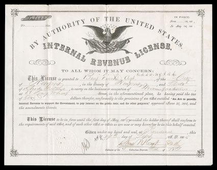 Internal Revenue license used in Newport, R.I. in 1865, granting a manufacturers license, with deputy collectors embossed seal at bottom left, typical light file folds,
otherwise fresh and very fine.