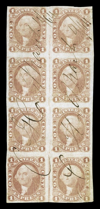 R1a, 1c Express, imperforate, block of eight (2x4), full to mostly large margins all around, neat ms. cancels, small tears on bottom right stamp and on the third stamp in the
first column, very fine appearance this is the only block of eight re