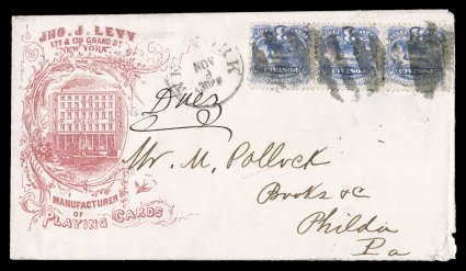 Covers with illustrated corner cards relating to various revenues, including playing card companies, insurance companies, railroads, etc., eighteen covers total, with issues
from 1857 to the Small Bank Notes, four are franked with 3c 1869 includi