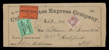 Express labels on documents, six items, including Amercian Express Co. (Erie & Pittsburgh route) on back of cover, American Express Co. (Lafayette, Ind.) and United States
Express Co. (Attica, Ind.) used along with 1c Express revenue stamp on U.S