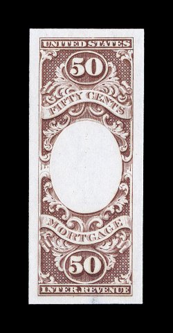 Turner Essay 8 var., 50c Mortgage essay in violet brown, central vignette omitted, large even margins all around, bright fresh color, trivial thin spot at bottom, otherwise very
fine.