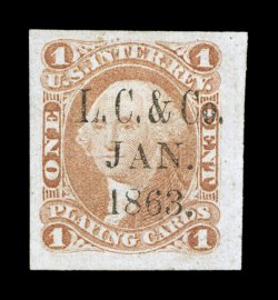 R2a, 1c Playing Cards, imperforate, a marvelous example of this scarce imperforate revenue, featuring several impressive physical characteristics, including large to huge
margins all around, rich color and a fine impression, plus it is wonderful