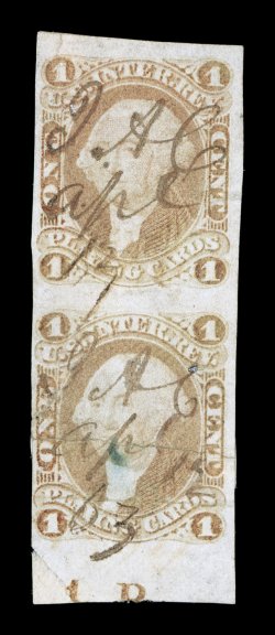 R2a, 1c Playing Cards, imperforate, the Cunliffe collection contains another rare vertical pair, this one possessing a partial plate no. 1 in the bottom margin, full to mostly
large margins, color slightly faded, bottom stamp repaired, nonet