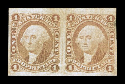 R3a, 1c Proprietary, imperforate, horizontal pair, large to huge margins all around, faintly cancelled, the left stamp with a trivial horizontal wrinkle, still very fine this is
the largest known multiple of the One Cent Proprietary Imperfora