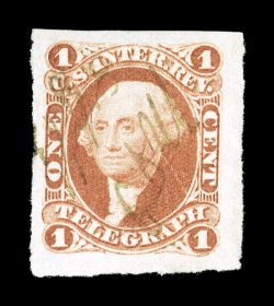 R4a, 1c Telegraph, imperforate, a striking single, possessing huge margins all around, rich bright color and a crisp detailed impression, light ms. cancel, extremely
fine.