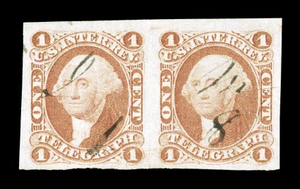 R4a, 1c Telegraph, imperforate, attractive and very scarce horizontal pair, large to extra-large margins all around, bright fresh color, light ms. cancel, faint vertical crease
between stamps, otherwise choice very fine the only multiples that
