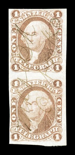 R4a, 1c Telegraph, imperforate, vertical pair, full to large margins around, light ms. cancel, very fine there is only one larger multiple known (a strip of
four).