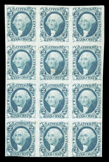 R5a, 2c Bank Check, imperforate, mint block of twelve (3x4), three large margins, just in at bottom, fresh color, full original gum, light horizontal crease between bottom rows,
middle bottom stamp with small thin, very fine appearance.