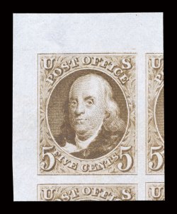 3, 5c Red brown reproduction, without gum as issued, an incomparable example of this scarce stamp, being a stunning top left corner sheet-margin single and possessing absolutely
immense margins all around, including showing sizable portions of a