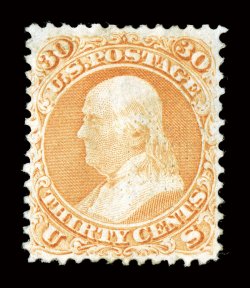 100, 30c Orange, F grill, extraordinarily well centered particularly when compared to the existing population, bright fresh color and impression, part o.g., extremely fine.The
two Thirty Cent 1861-68 Issue stamps, Scott 71 and Scott 100, a