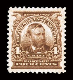 303, 4c Brown, a striking jumbo mint single, possessing margins of enormous size and being flawlessly centered within this vast expanse, sumptuously rich color and a deeply
etched impression, o.g., lightly hinged, a superb gem 2007 PSE certific