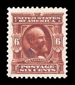 305, 6c Claret, extraordinarily well centered amid margins of enormous size which are almost never encountered on this value, sumptuously rich color and a well incised
impression on bright paper, o.g., n.h., an extremely fine large-margined gem.