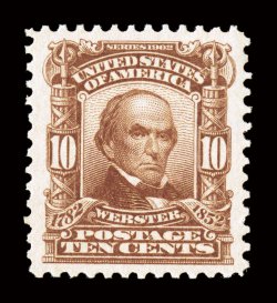 307, 10c Pale red brown, magnificently centered, with huge perfectly balanced margins all around, eye-arresting color that is intensely rich and an impression that is razor
sharp on brilliantly fresh paper, unblemished o.g. without a single gum