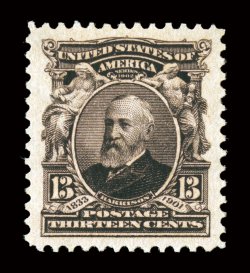 308, 13c Purple black, absolutely perfect centering amid margins of unbelievably large proportions, possessing enormous boardwalk margins all around, the likes of which we have
never seen, remarkable color and freshness, deeply etched impressi