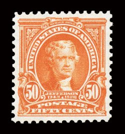310, 50c Orange, magnificently centered, with unusually large and perfectly balanced margins all around, absolutely spectacular color that is both intense and radiant, while
its impression could not be more deeply etched on pristine paper, even