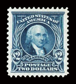312, $2.00 Dark blue, mathematically perfect centering amid lavishly large margins, deep luxuriant color and a well incised impression on bright paper, o.g., lightly hinged, a
superb gem.This phenomenal stamp possesses absolutely perfect cente