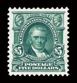 313, $5.00 Dark green, flawlessly centered within uncharacteristically wide and perfectly balanced margins, spectacular prooflike color and impression on especially bright
paper, completely intact perforations all around, especially clean full o