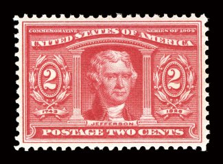 324, 2c Louisiana Purchase, exceedingly well centered within large margins, bright vivid color, pristine o.g., n.h., extremely fine gem encapsulated PSE certificate (XF-Superb
95 SMQ $880.00).
